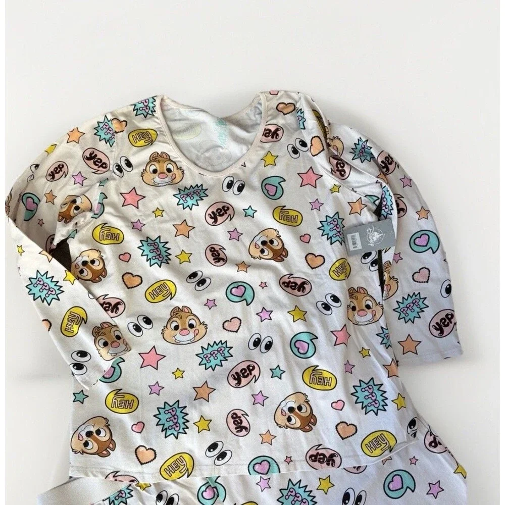 Disney Chip And Dale Women’s Pajama Set Size 1X NWT White Two Piece Organic Cott